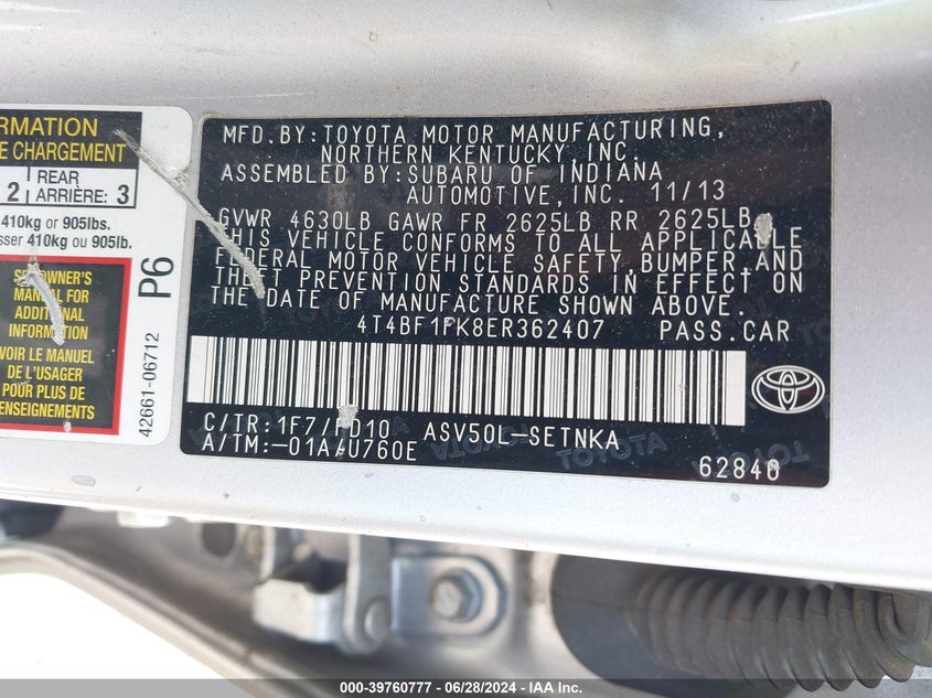 2014 Toyota Camry Le VIN: 4T4BF1FK8ER362407 Lot: 39760777