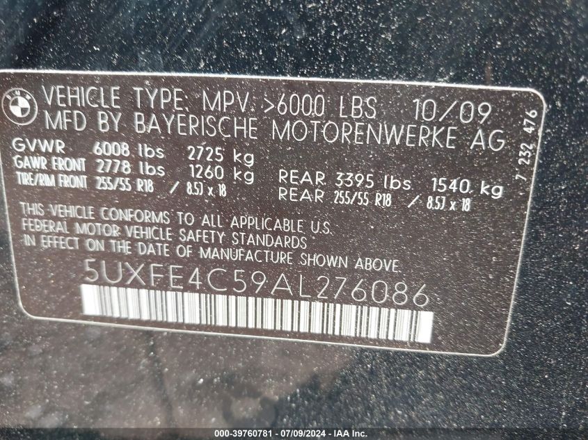 2010 BMW X5 xDrive30I VIN: 5UXFE4C59AL276086 Lot: 39760781