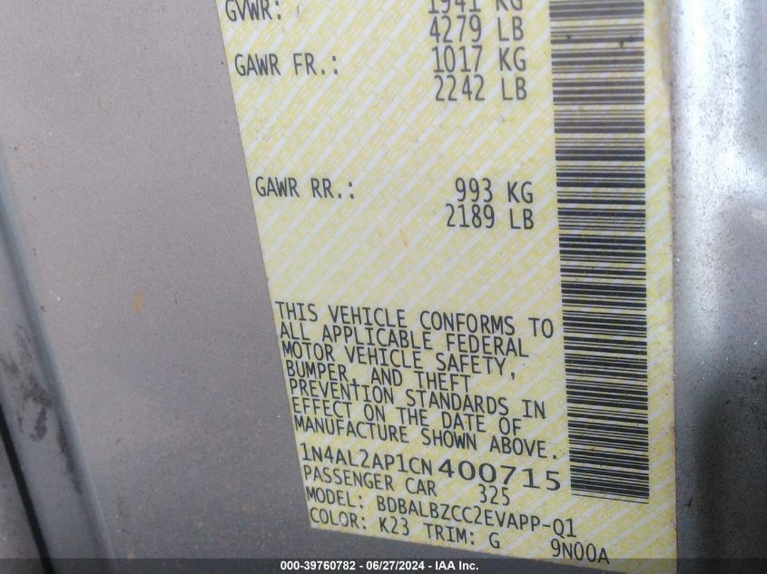 1N4AL2AP1CN400715 2012 Nissan Altima 2.5 S