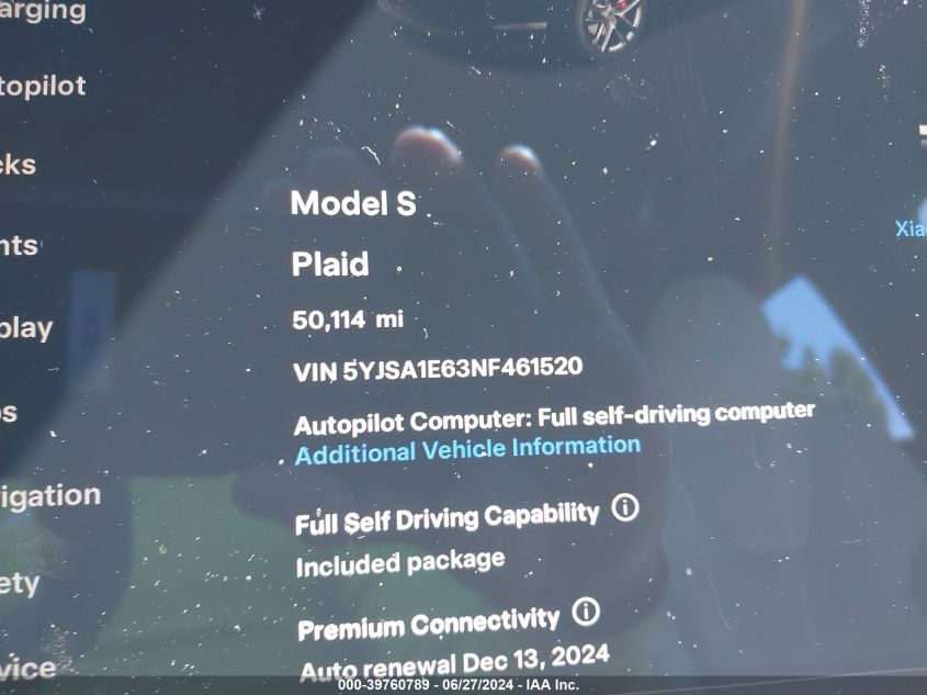 2022 Tesla Model S Plaid Tri Motor All-Wheel Drive VIN: 5YJSA1E63NF461520 Lot: 39760789