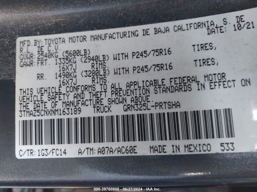 2022 Toyota Tacoma Double Cab/Sr5/Trd Sport/ VIN: 3TMAZ5CNXNM16318 Lot: 39760805