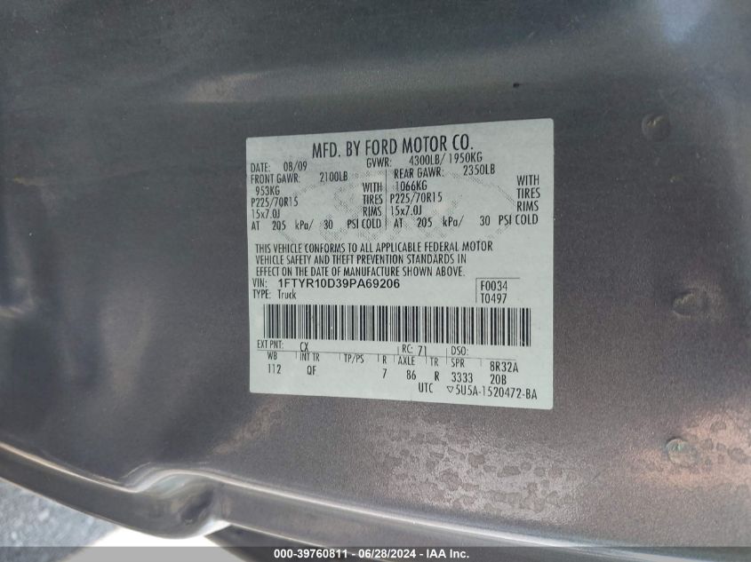 2009 Ford Ranger Sport/Xl/Xlt VIN: 1FTYR10D39PA69206 Lot: 39760811