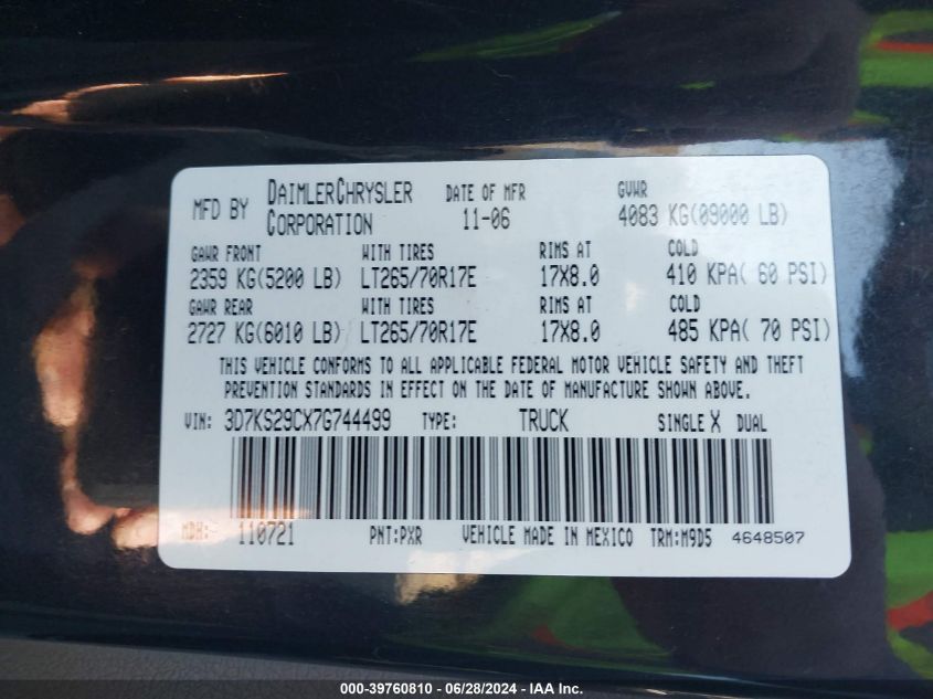 2007 Dodge Ram 2500 VIN: 3D7KS29CX7G744499 Lot: 39760810