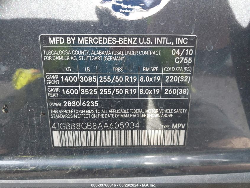 2010 Mercedes-Benz Ml 350 4Matic VIN: 4JGBB8GB8AA605934 Lot: 39760816