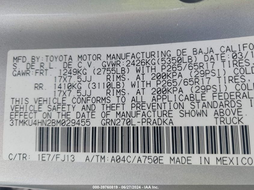 2011 Toyota Tacoma Prerunner V6 VIN: 3TMKU4HN2BM029455 Lot: 39760819