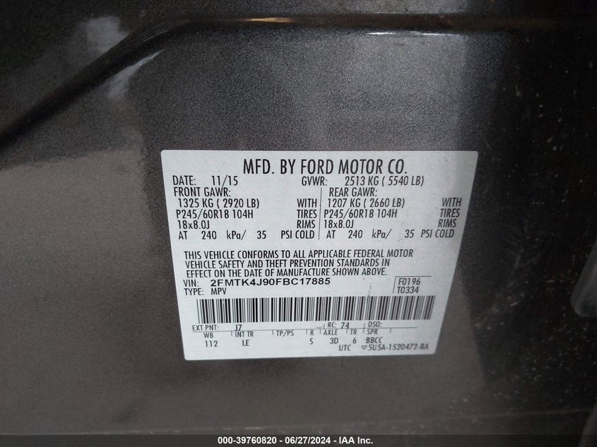 2015 Ford Edge Sel VIN: 2FMTK4J90FBC17885 Lot: 39760820