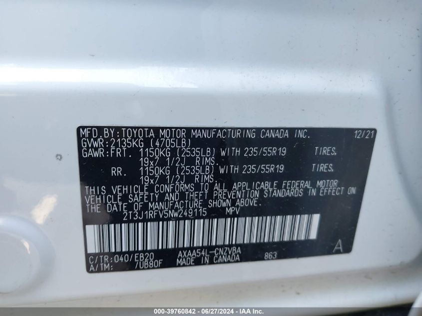 2022 Toyota Rav4 Adventure/Trd Off Road VIN: 2T3J1RFV5NW24911 Lot: 39760842