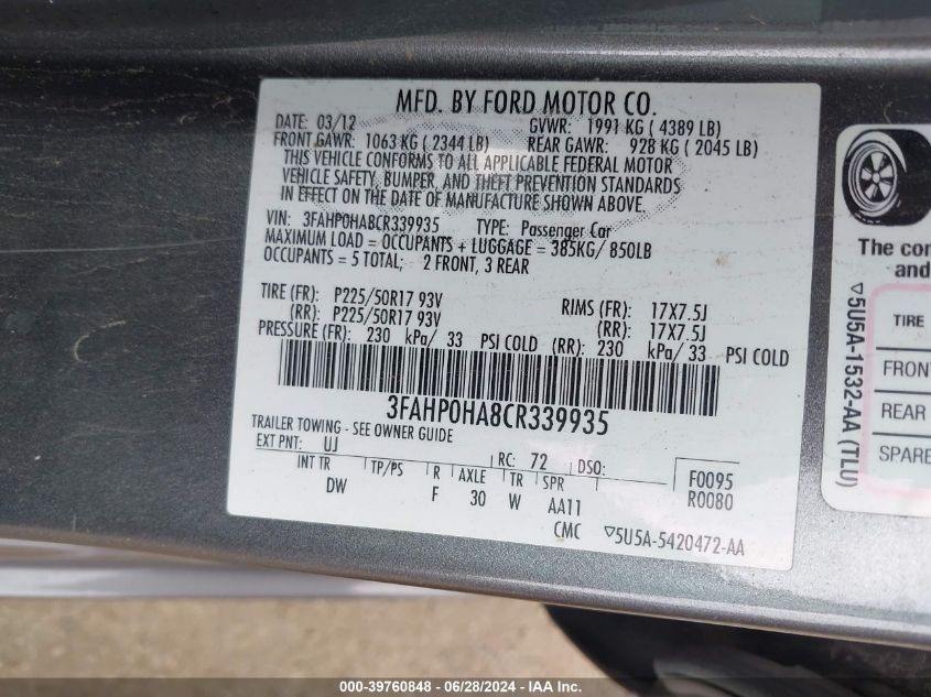 2012 Ford Fusion Se VIN: 3FAHP0HA8CR339935 Lot: 39760848