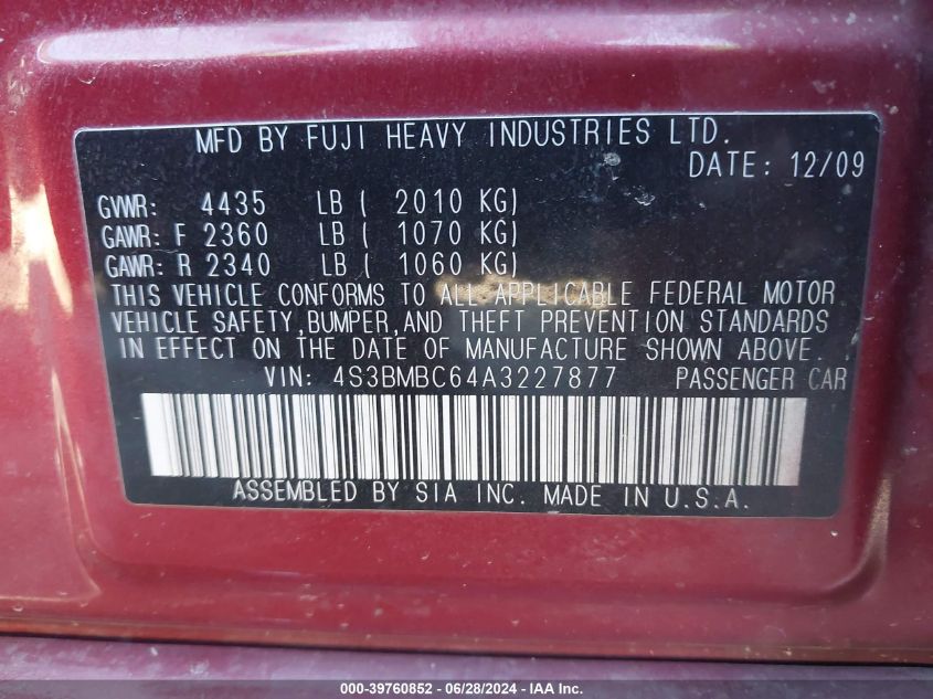 2010 Subaru Legacy 2.5I Premium VIN: 4S3BMBC64A327877 Lot: 39760852