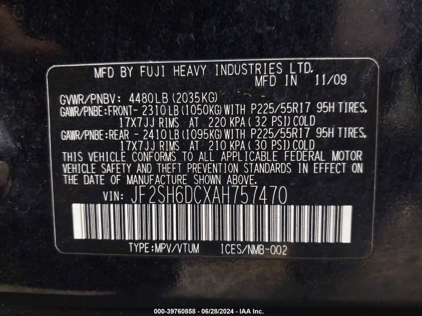 2010 Subaru Forester 2.5X Limited VIN: JF2SH6DCXAH757470 Lot: 39760858