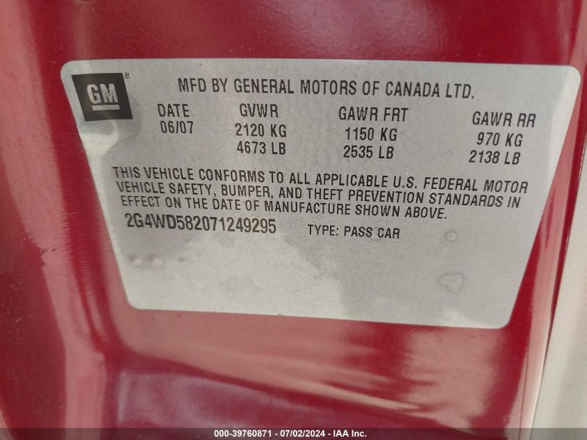 2007 Buick Lacrosse Cxl VIN: 2G4WD582071249295 Lot: 39760871