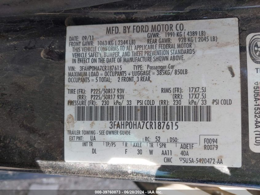 2012 Ford Fusion Se VIN: 3FAHP0HA7CR187615 Lot: 39760873