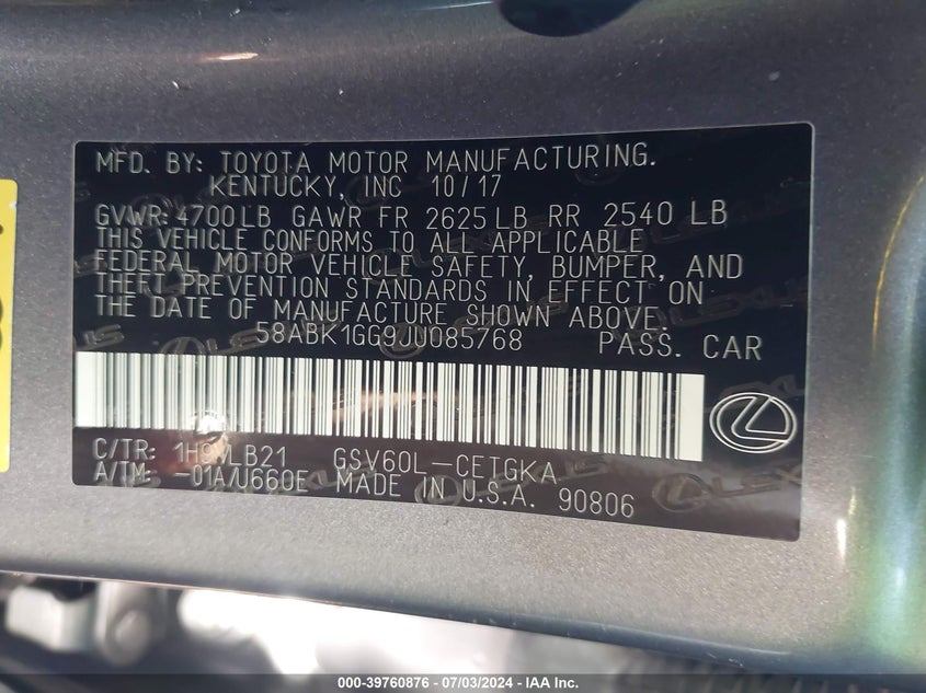 2018 Lexus Es 350 VIN: 58ABK1GG9JU085768 Lot: 39760876