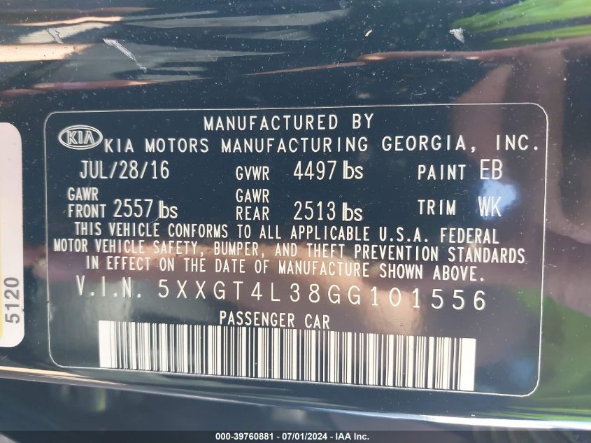 2016 Kia Optima Lx VIN: 5XXGT4L38GG101556 Lot: 39760881