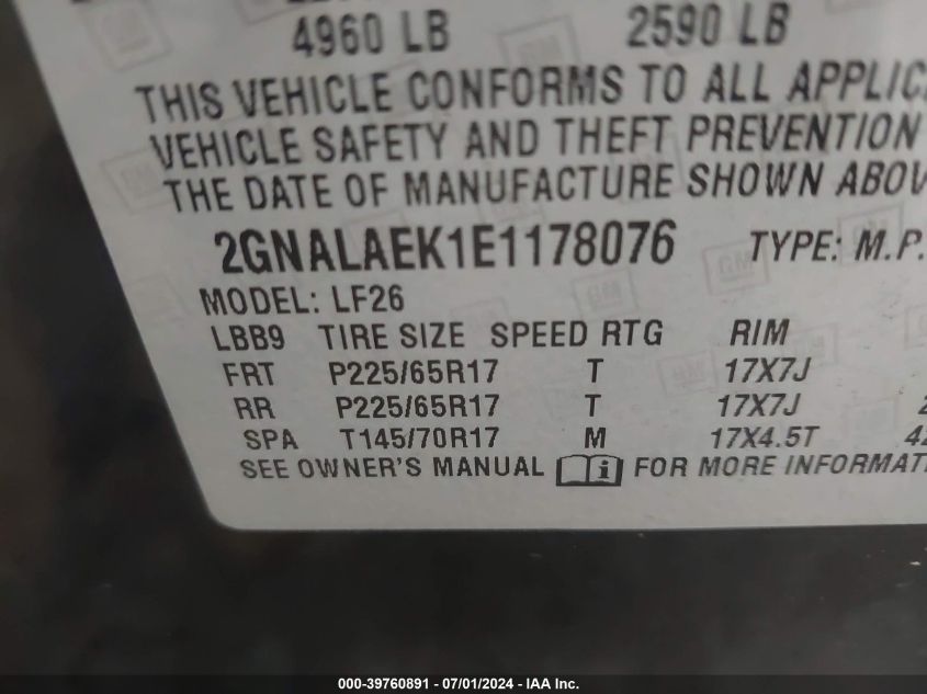 2GNALAEK1E1178076 2014 Chevrolet Equinox Ls