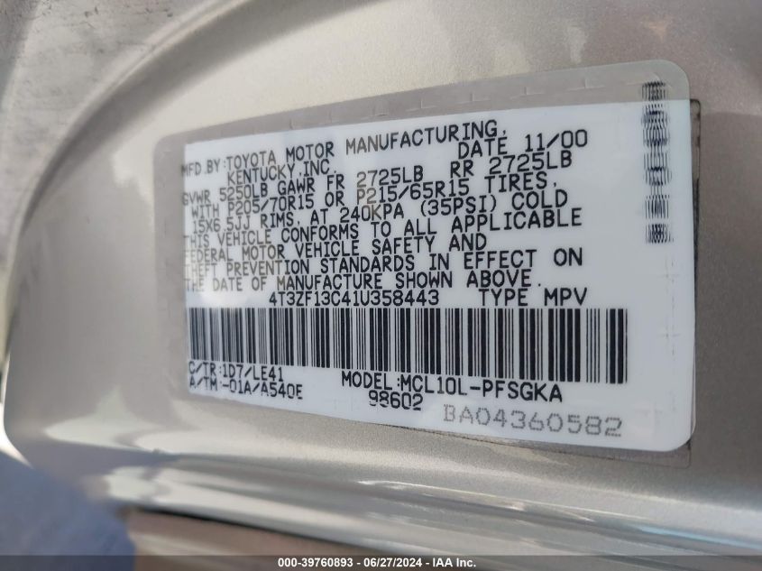 2001 Toyota Sienna Xle VIN: 4T3ZF13C41U358443 Lot: 39760893