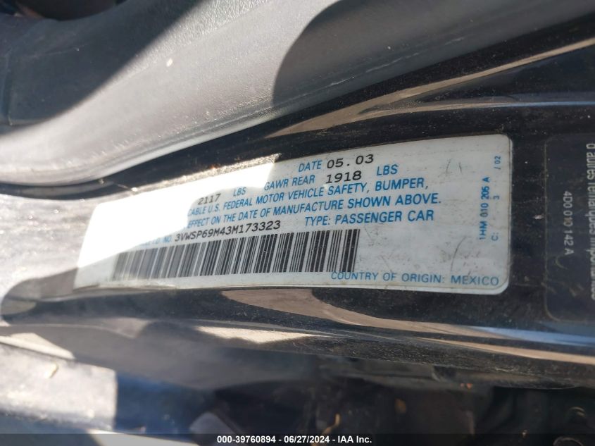 2003 Volkswagen Jetta Gls Tdi VIN: 3VWSP69M43M173323 Lot: 39760894