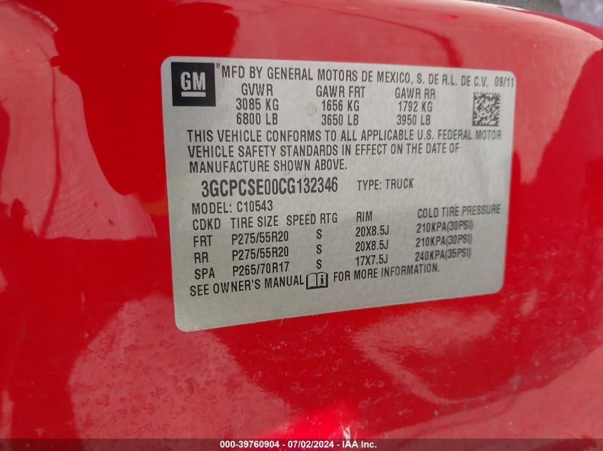 2012 Chevrolet Silverado 1500 Lt VIN: 3GCPCSE00CG132346 Lot: 39760904