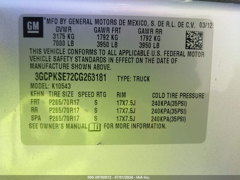 2012 Chevrolet Silverado 1500 Lt VIN: 3GCPKSE72CG263181 Lot: 39760912