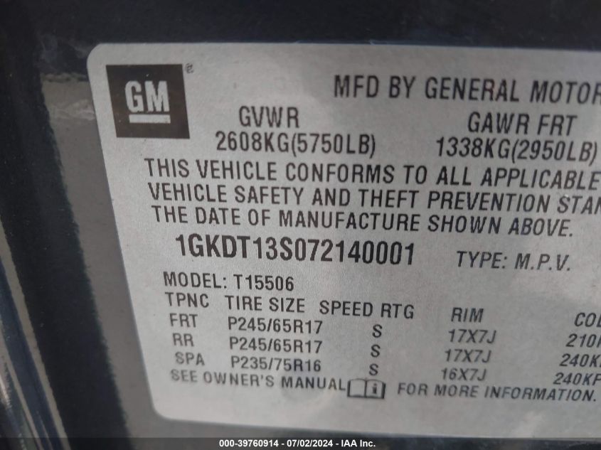 2007 GMC Envoy Slt VIN: 1GKDT13S072140001 Lot: 39760914