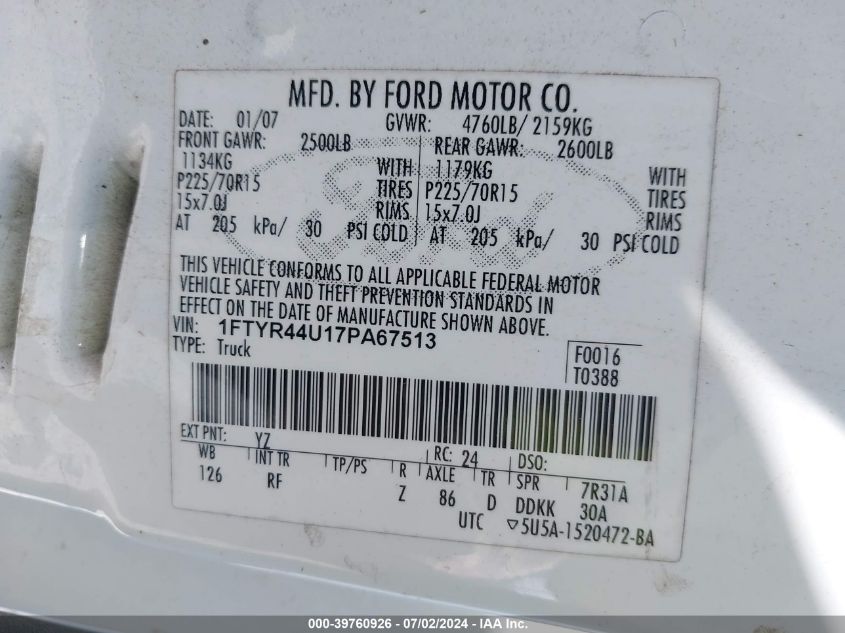 2007 Ford Ranger Super Cab VIN: 1FTYR44U17PA67513 Lot: 39760926