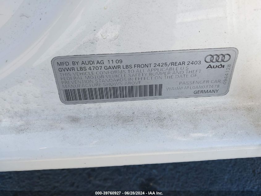 2010 Audi A4 2.0T Premium VIN: WAUAFAFL0AN037478 Lot: 39760927