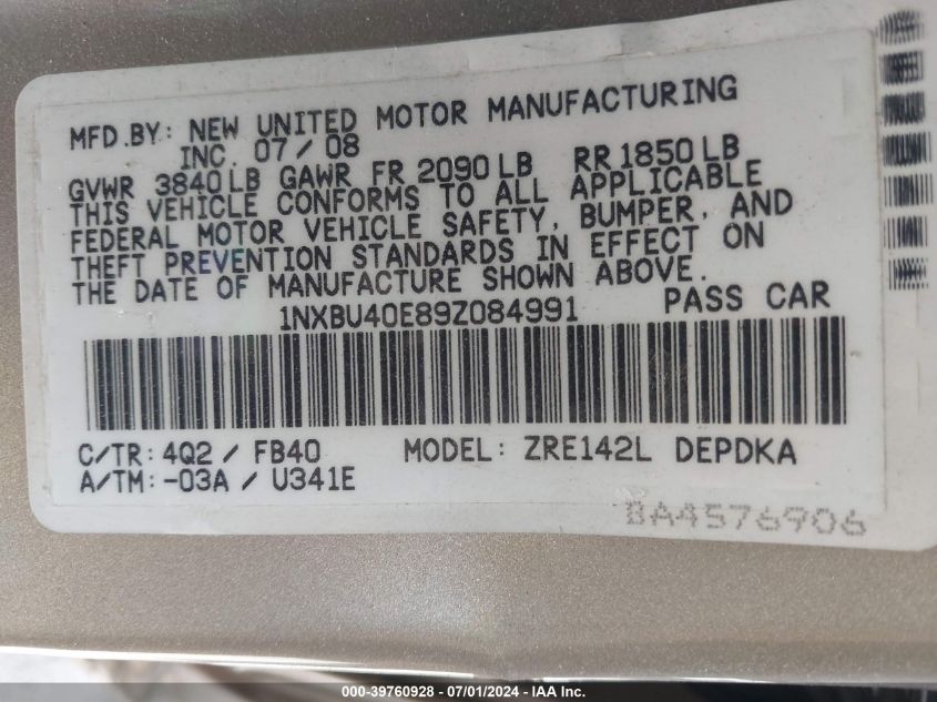 2009 Toyota Corolla Le VIN: 1NXBU40E89Z084991 Lot: 39760928