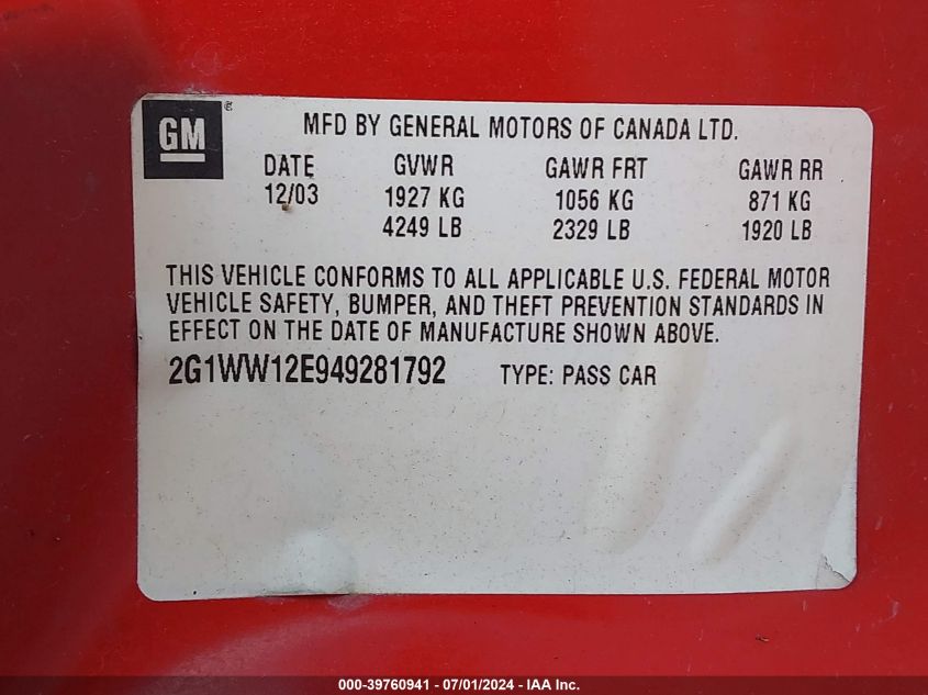 2004 Chevrolet Monte Carlo Ls VIN: 2G1WW12E949281792 Lot: 39760941