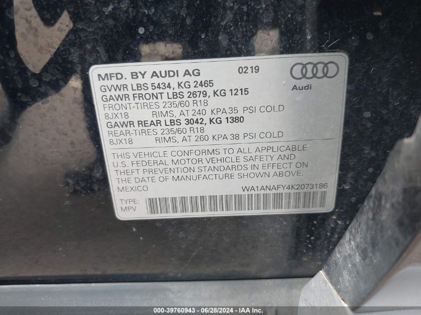 2019 Audi Q5 45 Premium VIN: WA1ANAFY4K2073186 Lot: 39760943