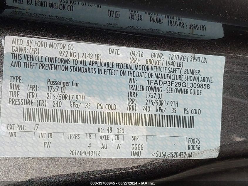 2016 Ford Focus Se VIN: 1FADP3F29GL309858 Lot: 39760945