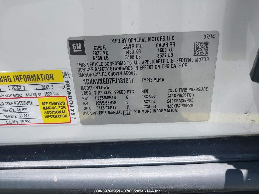 2015 GMC Acadia Sle-1 VIN: 1GKKVNED7FJ131517 Lot: 39760951