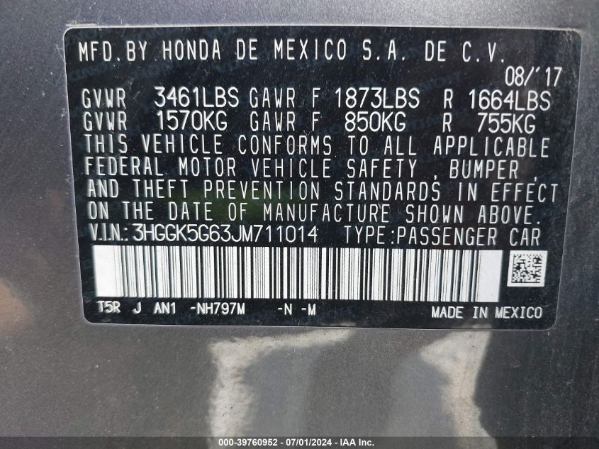 2018 Honda Fit Sport VIN: 3HGGK5G63JM711014 Lot: 39760952