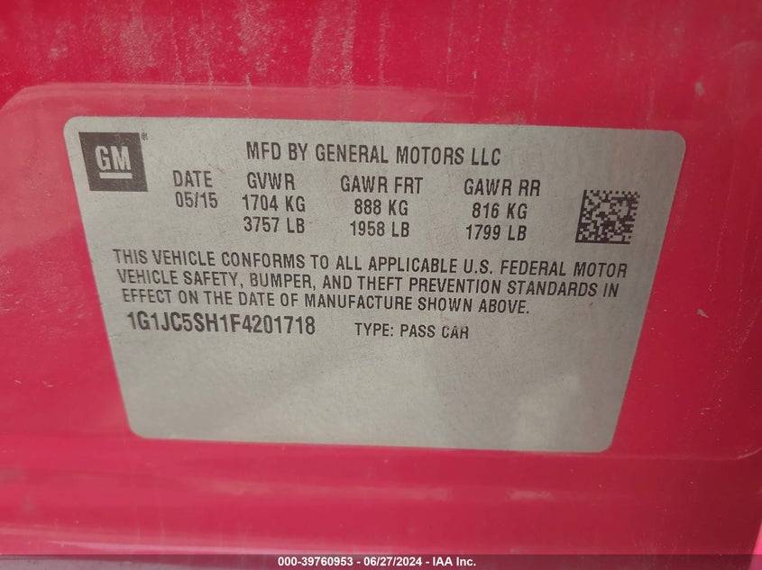 2015 Chevrolet Sonic Lt Auto VIN: 1G1JC5SH1F4201718 Lot: 39760953