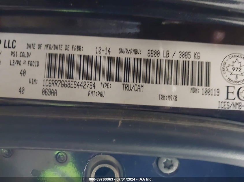 2014 Ram 1500 Slt VIN: 1C6RR7GG8ES442794 Lot: 39760963