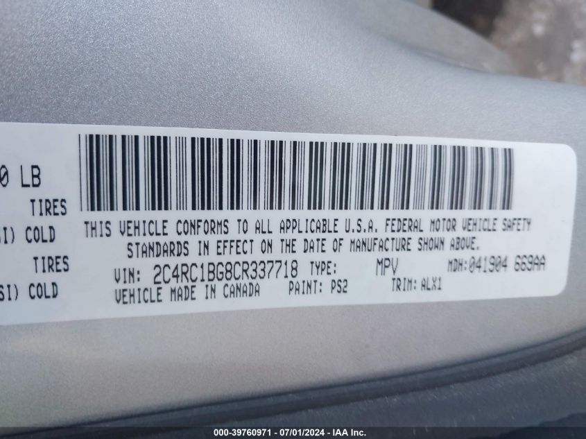 2012 Chrysler Town & Country Touring VIN: 2C4RC1BG8CR337718 Lot: 39760971