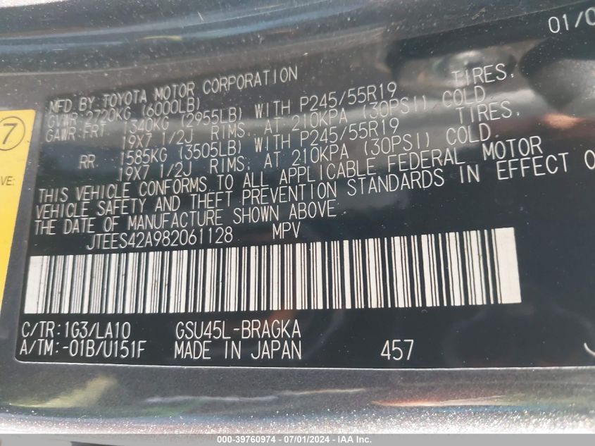 2008 Toyota Highlander Limited VIN: JTEES42A082061128 Lot: 39760974