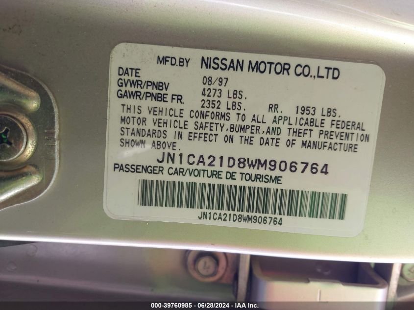 1998 Nissan Maxima Gle/Gxe/Se VIN: JN1CA21D8WM906764 Lot: 39760985