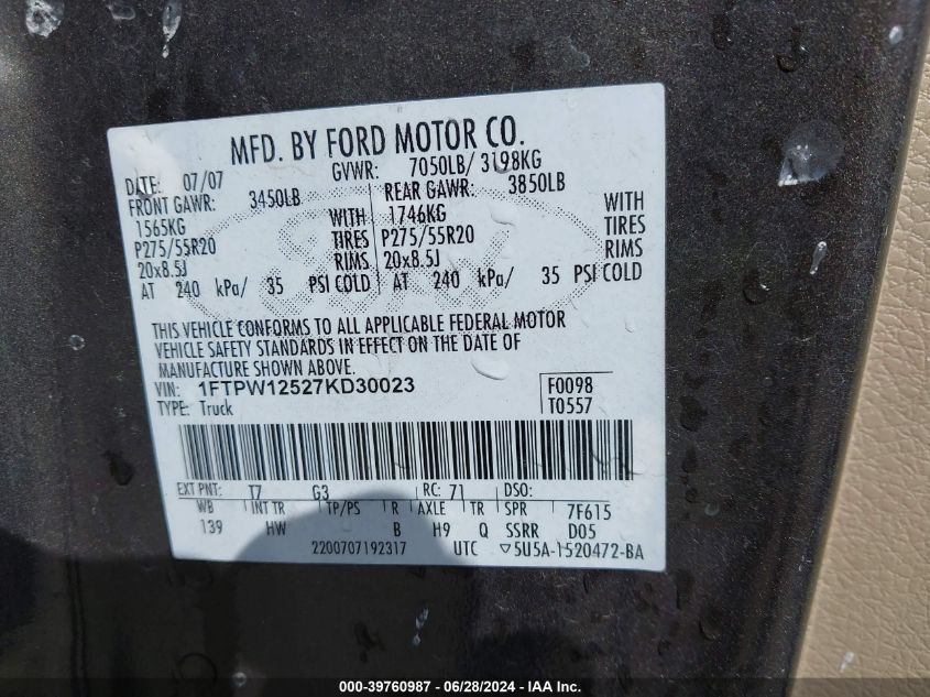 2007 Ford F-150 Lariat/Xlt VIN: 1FTPW12527KD30023 Lot: 39760987