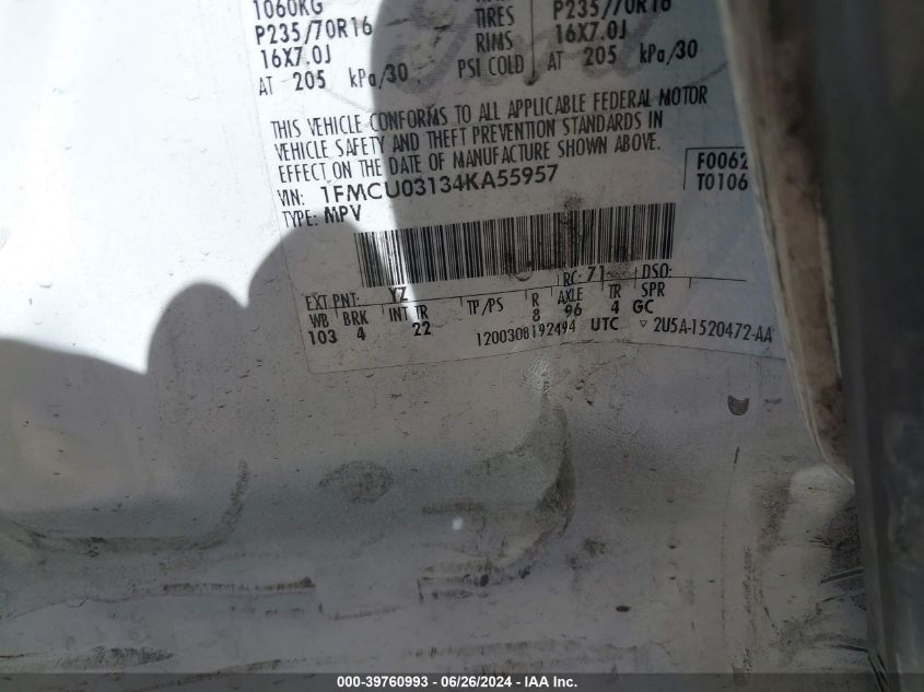 2004 Ford Escape Xlt VIN: 1FMCU03134KA55957 Lot: 39760993