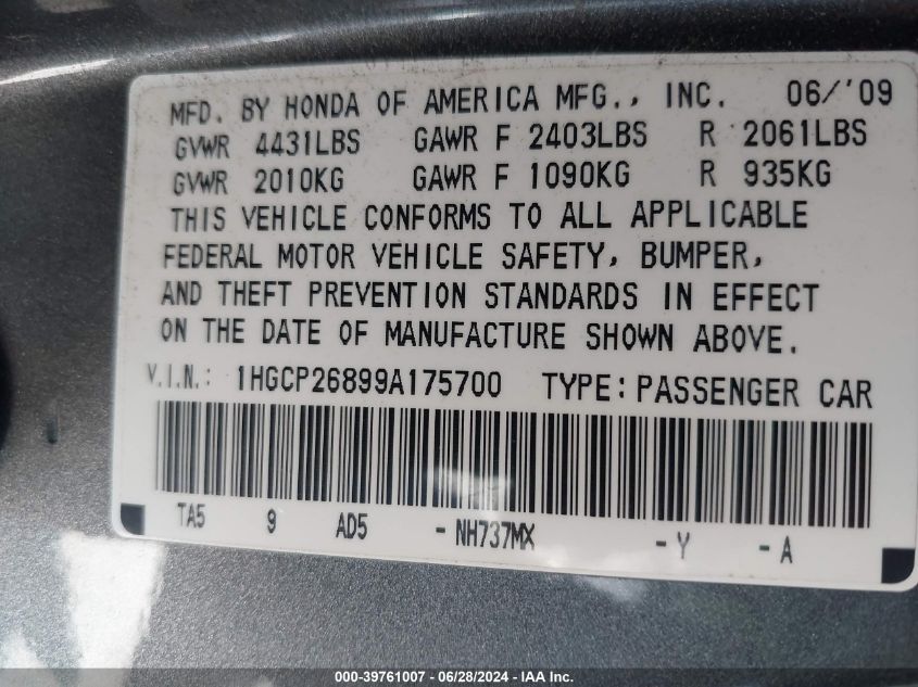 2009 Honda Accord 2.4 Ex-L VIN: 1HGCP26899A175700 Lot: 39761007
