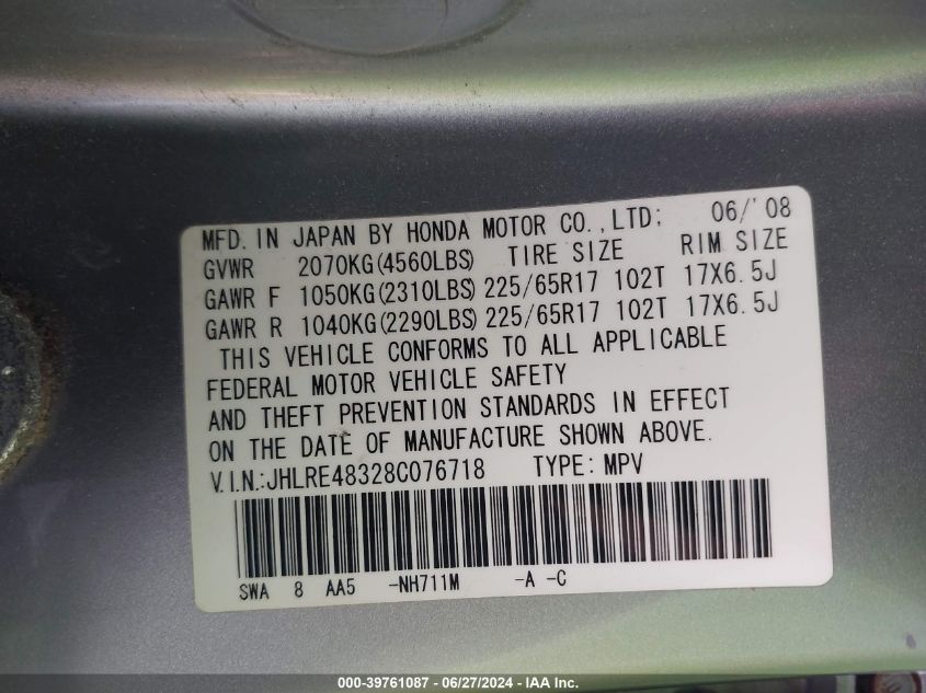 2008 Honda Cr-V Lx VIN: JHLRE48328C076718 Lot: 39761087