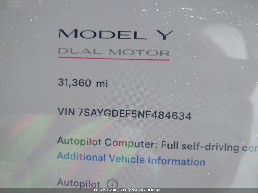 2022 Tesla Model Y Performance Dual Motor All-Wheel Drive VIN: 7SAYGDEF5NF484634 Lot: 39761088