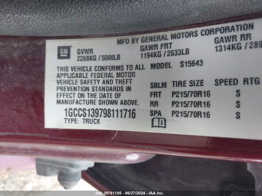 2009 Chevrolet Colorado Lt VIN: 1GCCS139798111716 Lot: 39761105