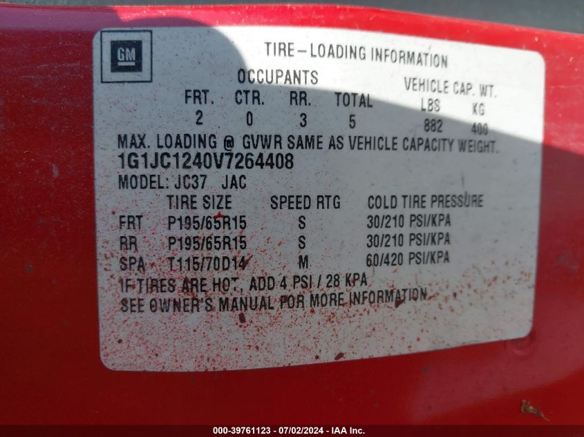 1997 Chevrolet Cavalier Rs VIN: 1G1JC1240V7264408 Lot: 39761123