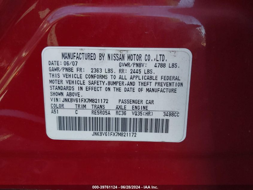 2007 Infiniti G35 VIN: JNKBV61FX7M821172 Lot: 39761124