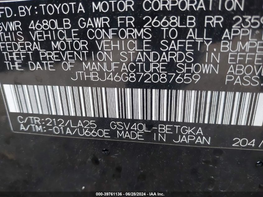 2007 Lexus Es 350 VIN: JTHBJ46G872087659 Lot: 39761136