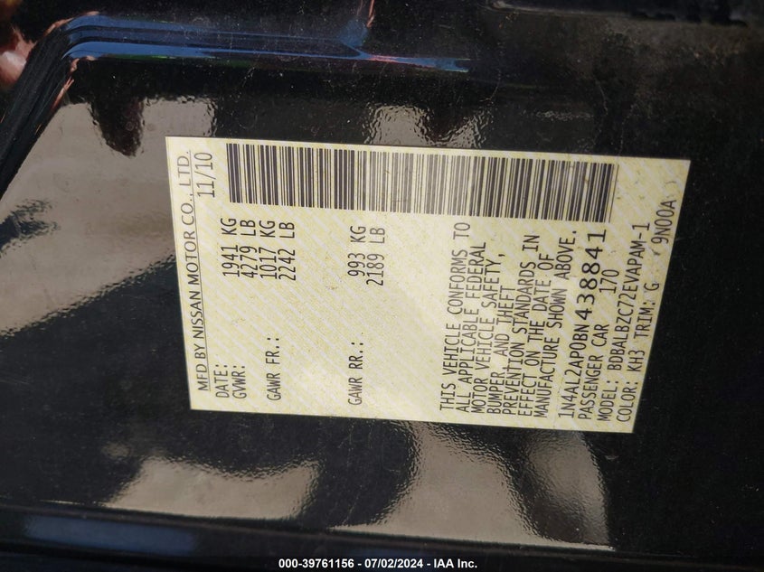 2011 Nissan Altima 2.5 S VIN: 1N4AL2AP0BN438841 Lot: 39761156