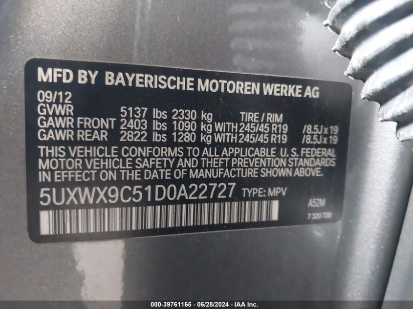 2013 BMW X3 xDrive28I VIN: 5UXWX9C51D0A22727 Lot: 39761165