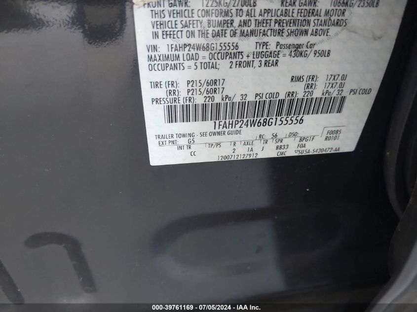 2008 Ford Taurus Sel VIN: 1FAHP24W68G155556 Lot: 39761169