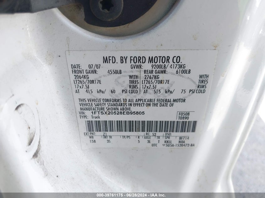 2008 Ford F-250 Lariat/Xl/Xlt VIN: 1FTSX20528EB95805 Lot: 39761175